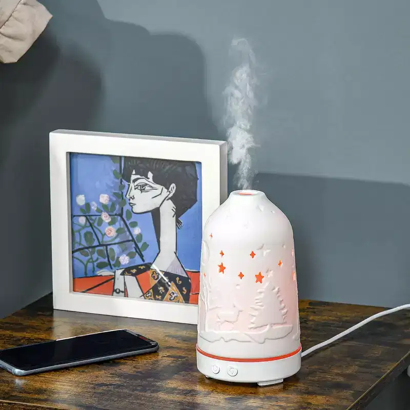 100ml Ultrasonic Aromatherapy Diffuser, Essential Oils Humidifier with Ceramic Cover, 7 Colors LED Lights, Timer, Waterless Auto-off for Home