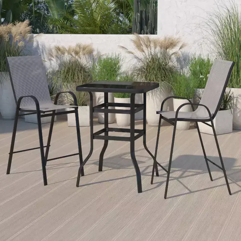 Emma and Oliver 3 Piece Outdoor Bar Height Set-Glass Patio Bar Table-All-Weather Barstools