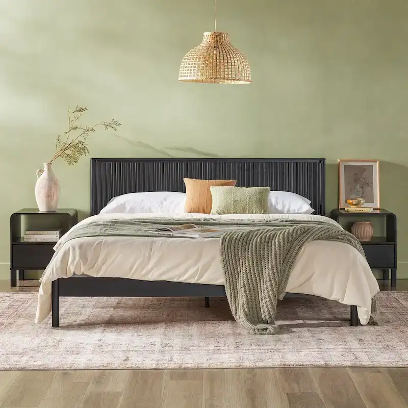 Transitional Solid Pine King Platform Bed with Reeded Headboard – No Box Spring Needed