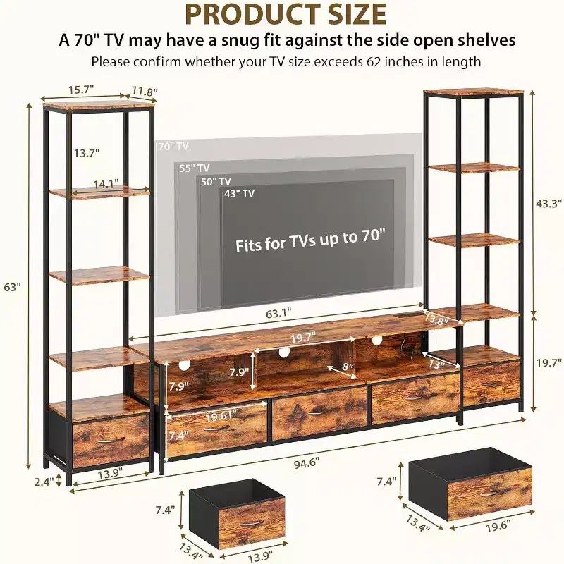 TV Stands for Living Room, LED TV Stand with Bookshelves, Farmhouse Entertainment Center for 65 in TVs, TVs Cabinet for Living Room