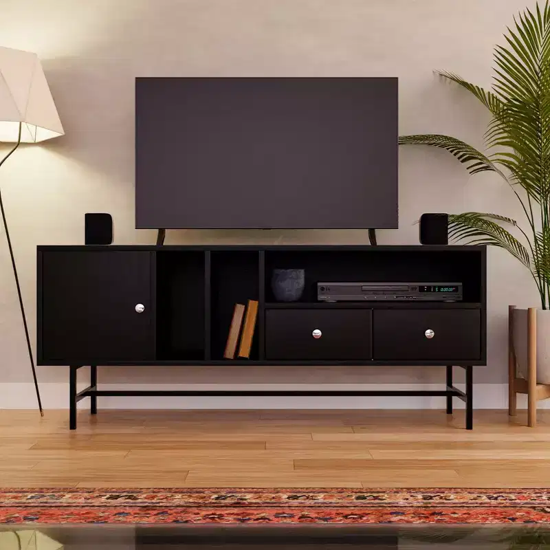 Mid-Century Modern TV Stand with MDF Frame, Enclosed Storage and Black Iron Legs