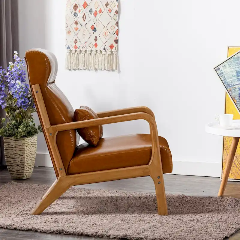 Upholstered Linen Blend Accent Chair with Wooden Legs and One Pillow