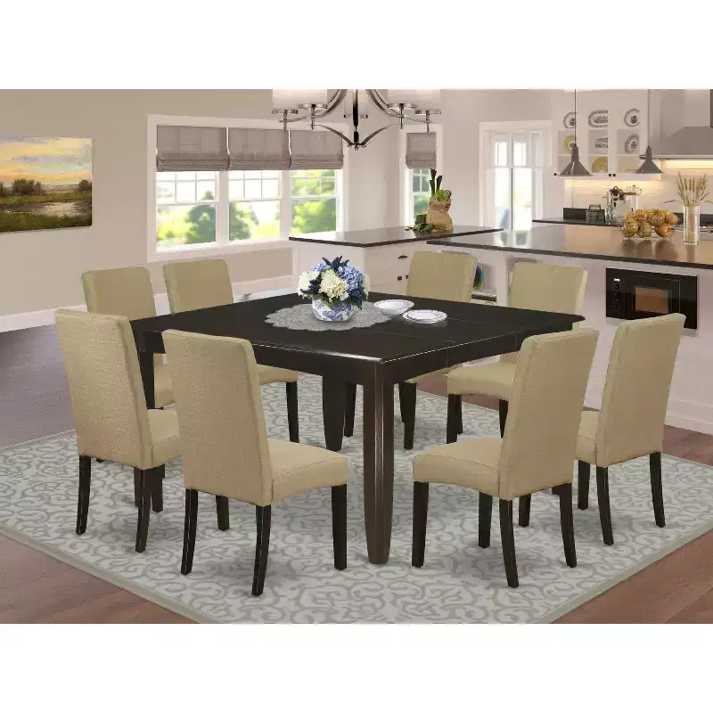 HomeStock 9 Piece Square Dining Set Cappuccino Linen Fabric Chairs