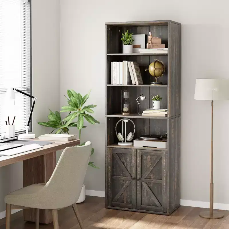 Farmhouse Bookcase with Doors, Display Storage Shelves, Tall Bookshelf Wooden 6 Shelf Bookshelves