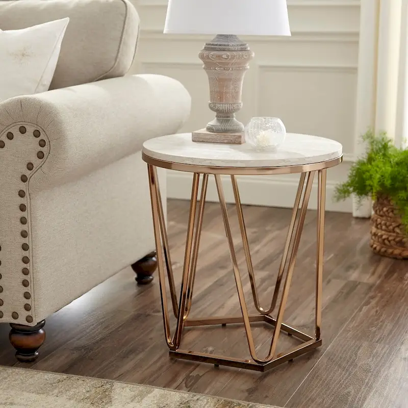 Modern Faux Marble Round Side Table – Gold Geometric Base