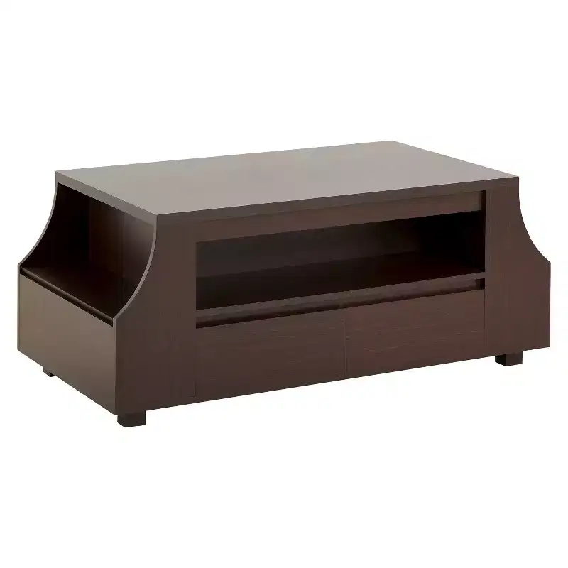 Contemporary Multi-Storage Coffee Table with Side Shelves, Walnut