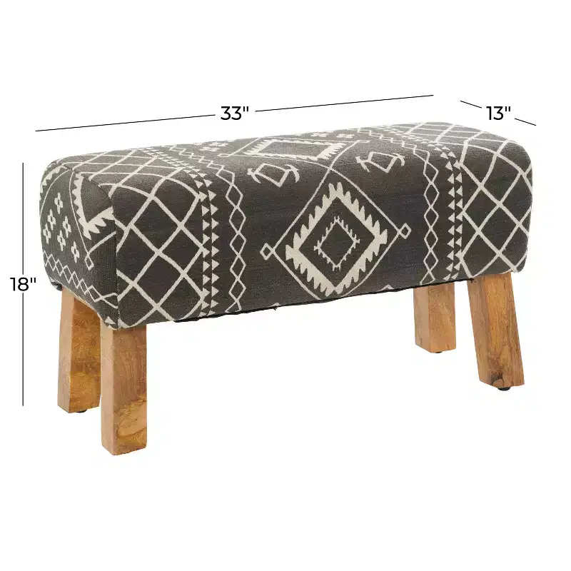 Bohemian Wood Upholstered Fabric Bench Small Black