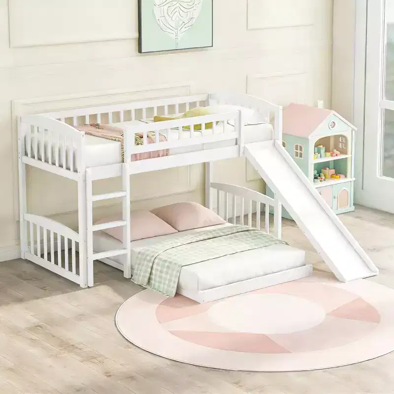 Luxystar Twin Over Twin Wooden Bunk Bed with Slide and Fence for Kids' Room