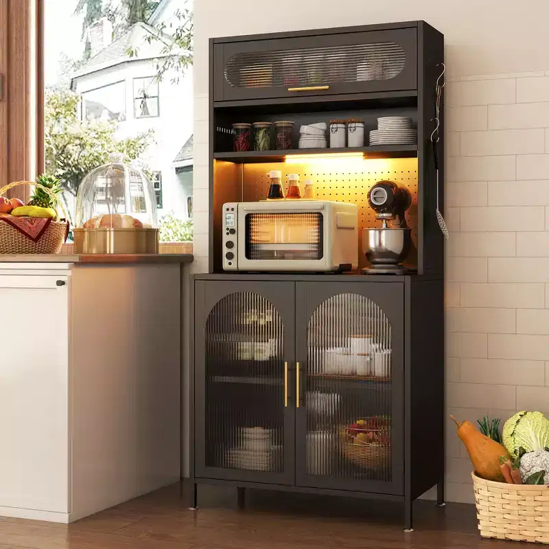 LED-Lit 66 Metal Kitchen Pantry Cabinet, 5-Tier Food Storage with Adjustable Shelves & Hutch Rack for Kitchen/Dining