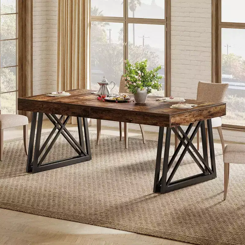 Lantine 63-Inch Dining Table for 4-6, Farmhouse Kitchen Table with Sturdy Metal Legs for Living Room, Vintage Brown & Black