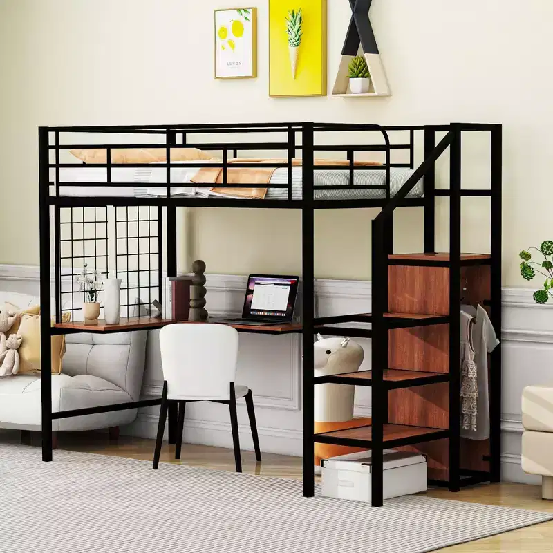 Twin/Full Size Metal Loft Bed with Desk and Metal Grid, Stylish Metal Bed Frame with Lateral Storage Ladder and Wardrobe