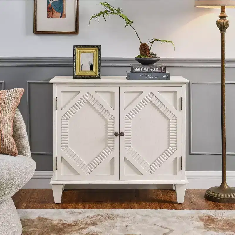 34 Geometric Accent Cabinet, Modern 2-Door Storage Buffet Cabinet with Adjustable Shelf for Entryway, Living Room