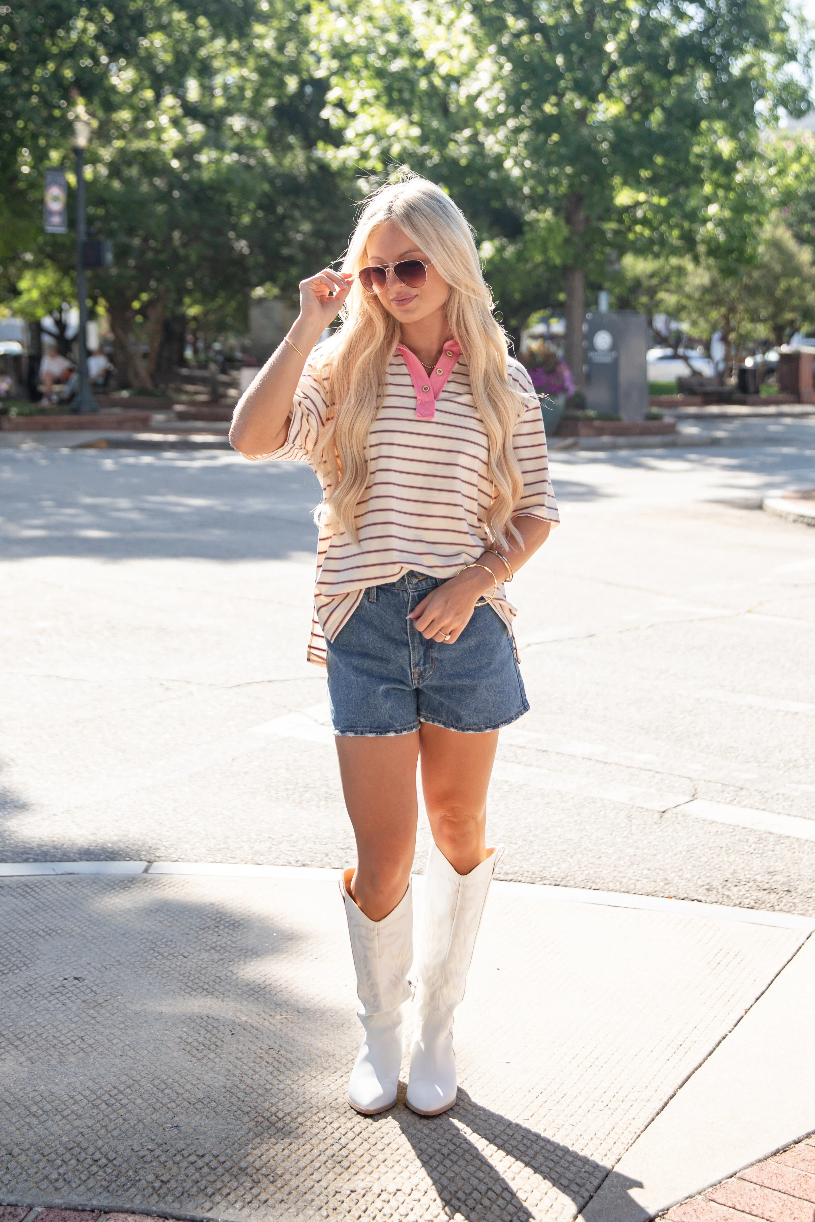 Stripe Collared Button Front Relaxed Top