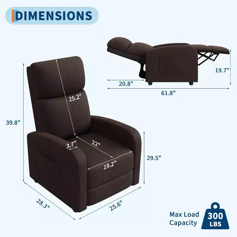 Lazy Recliner Single Sofa Seat, Adjustable 90° to 160°, Side Pocket, Wide Arms & Padded Seat