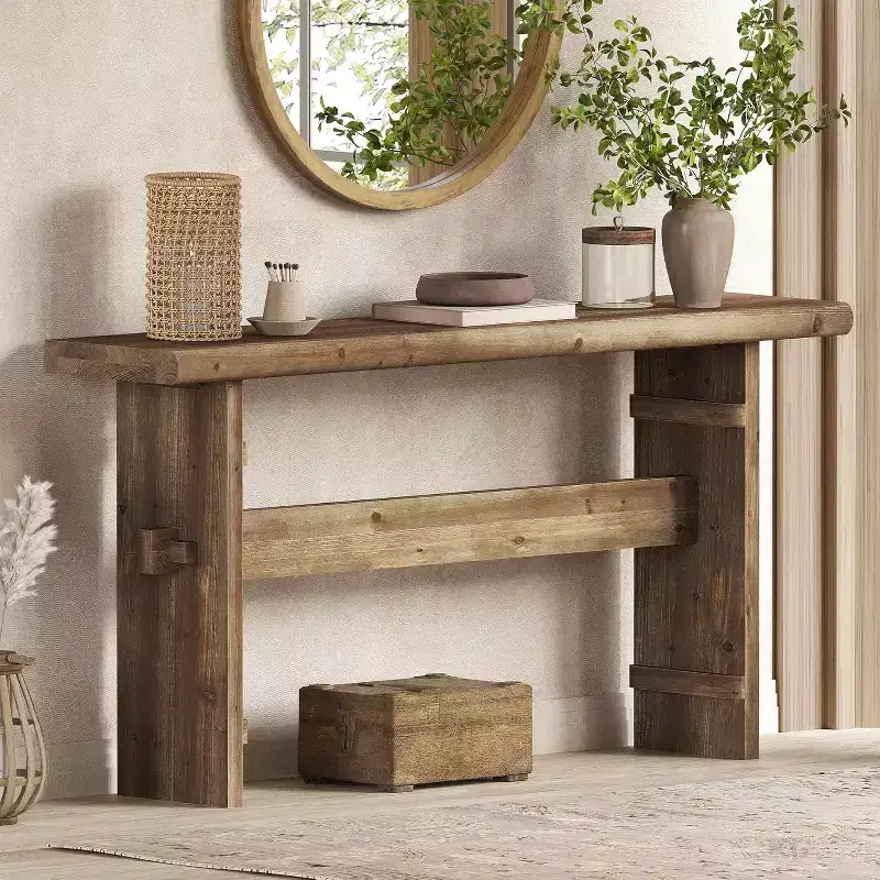 Lantine 63-Inch Solid Wood Console Table for Entryway, Long Sofa Table Behind Couch, for Foyer, Hallway, Living Room, Easy Asswmbly, Brown Greige