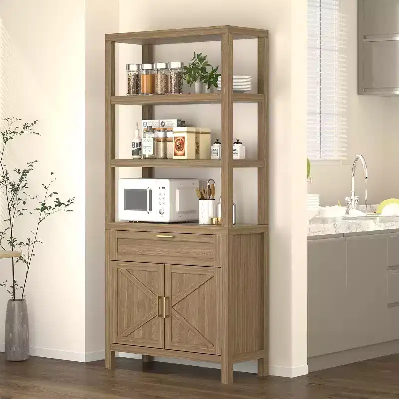 5 Tier 71 in Tall Farmhouse Wooden Bookcase with Adjustable Shelves, Cabinet, Drawer and Sliding Doors, for Bedroom, Living Room, Home Office
