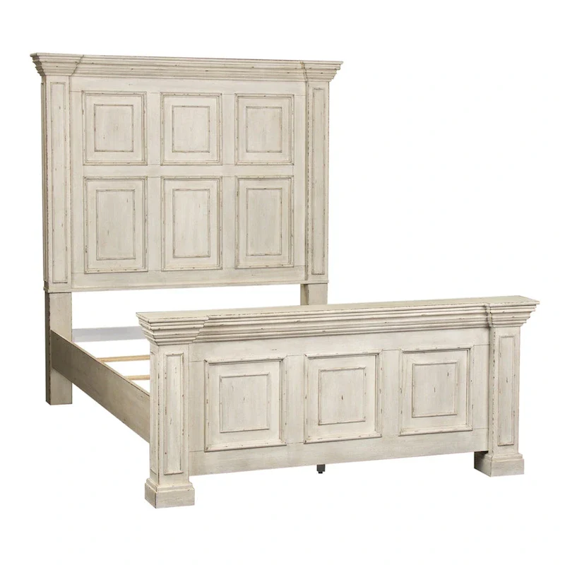 Queen Panel Bed | Whitestone Distressed Finish | Rubberwood & Crown Molding | Traditional Style