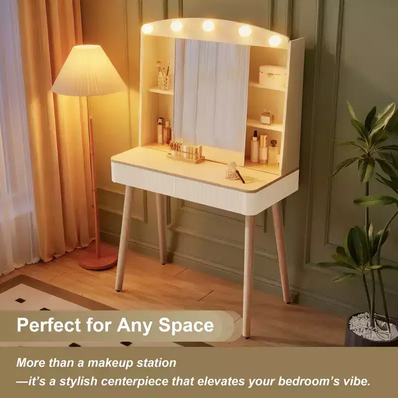 Modern Makeup Vanity Desk with Sliding Mirror & Large Storage - White