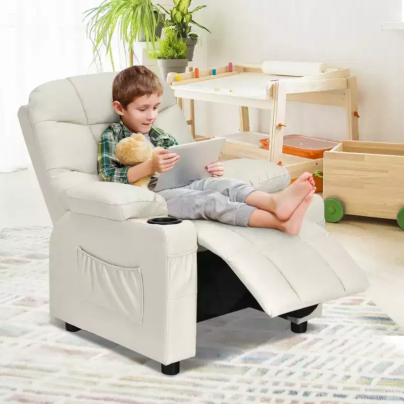 Kids Youth Recliner Chair PU Leather w/Cup Holders & Side Pockets