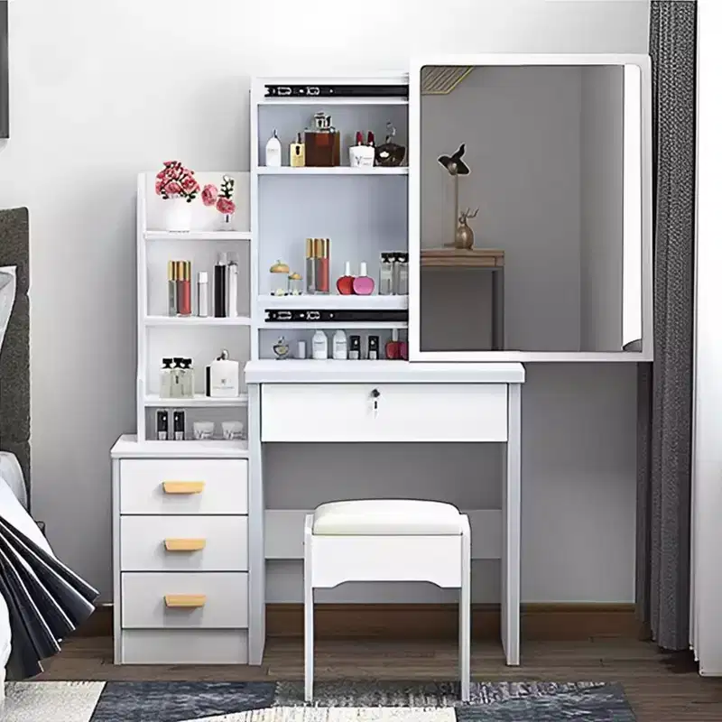 34.8'' Modern Mirror Vanity Desk with Lights, 1 Chair, 4 Drawers and Open Shelves