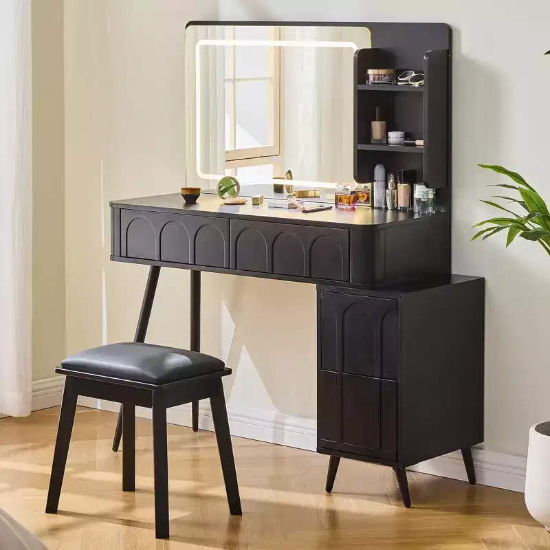 GDFStudio Rajiv Modern Vanity Set with Faux Leather Stool, 3-Color Lighted Mirror and Movable Side Cabinet
