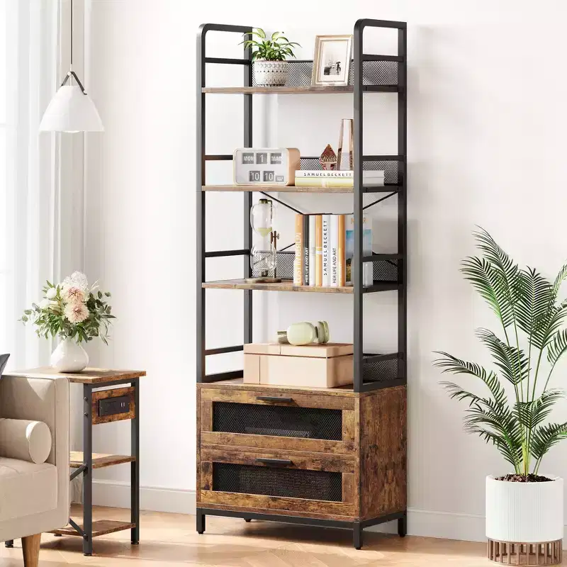 4-Tier Industrial Bookcase ,Bookshelf with Drawers Storage,70.87 Tall Display Racks Farmhouse Bookshelf Rustic Bookshelves