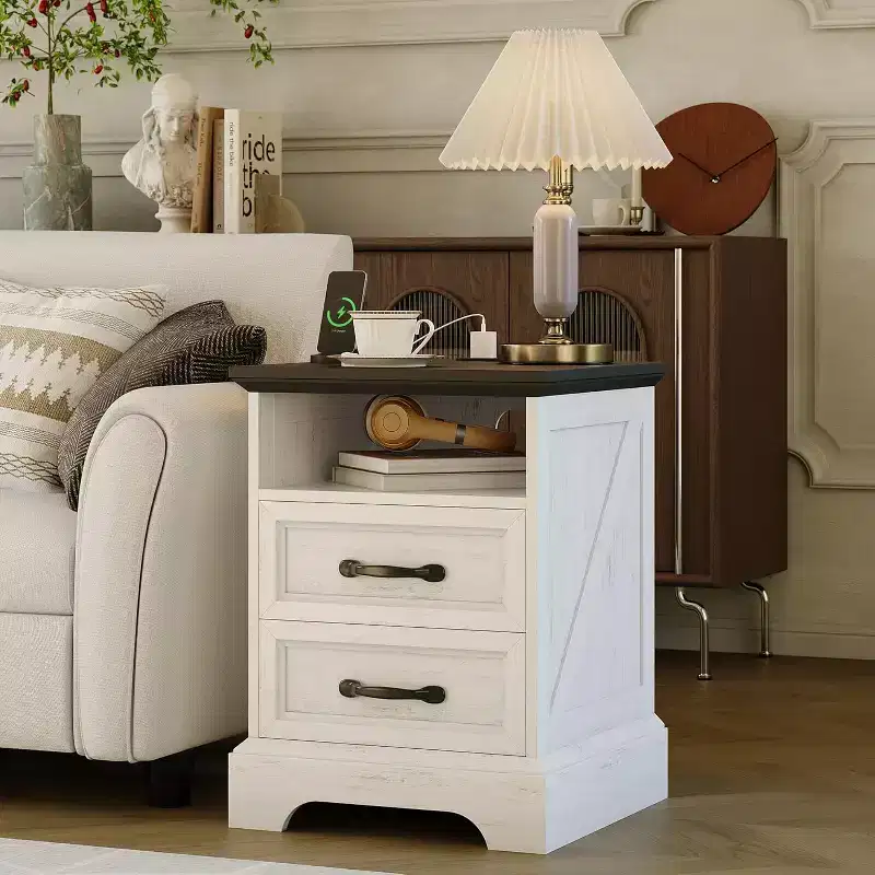 Farmhouse Rustic Nightstand with Charging Station, Modern Wood Bedside Table with 2 Drawers & Open Shelf, White Accent End Table