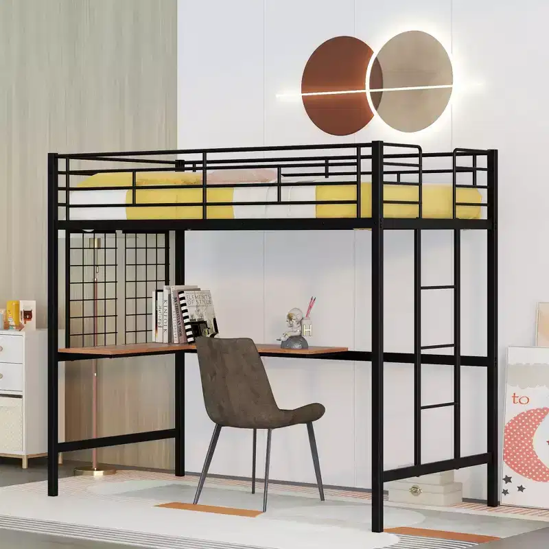 Twin Size Loft Bed with Long Desk and Metal Grid, High Loft Bed Metal Frame with Safety Guardrails and Ladders for Teens Adults