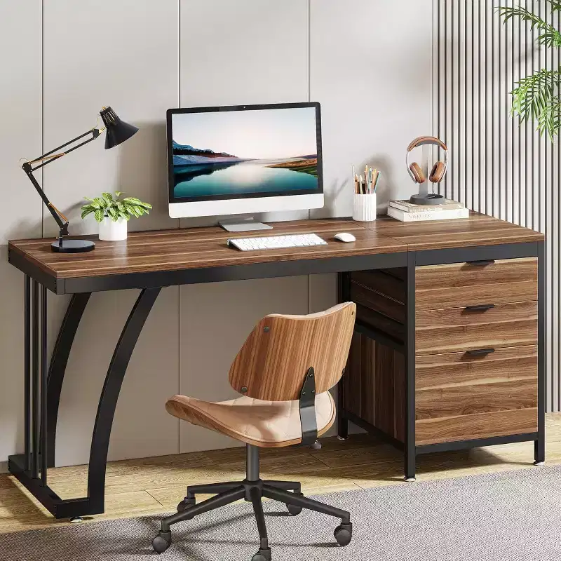 Lantine 59-Inch Computer Desk with 3 Drawers, PC Desk with Reversible Drawers and File Storage for Home Office, Industrial Walnut