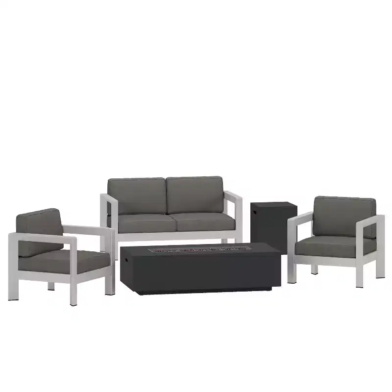 GDFStudio Alec Outdoor Aluminum 4 Seater Chat Set with Fire Pit