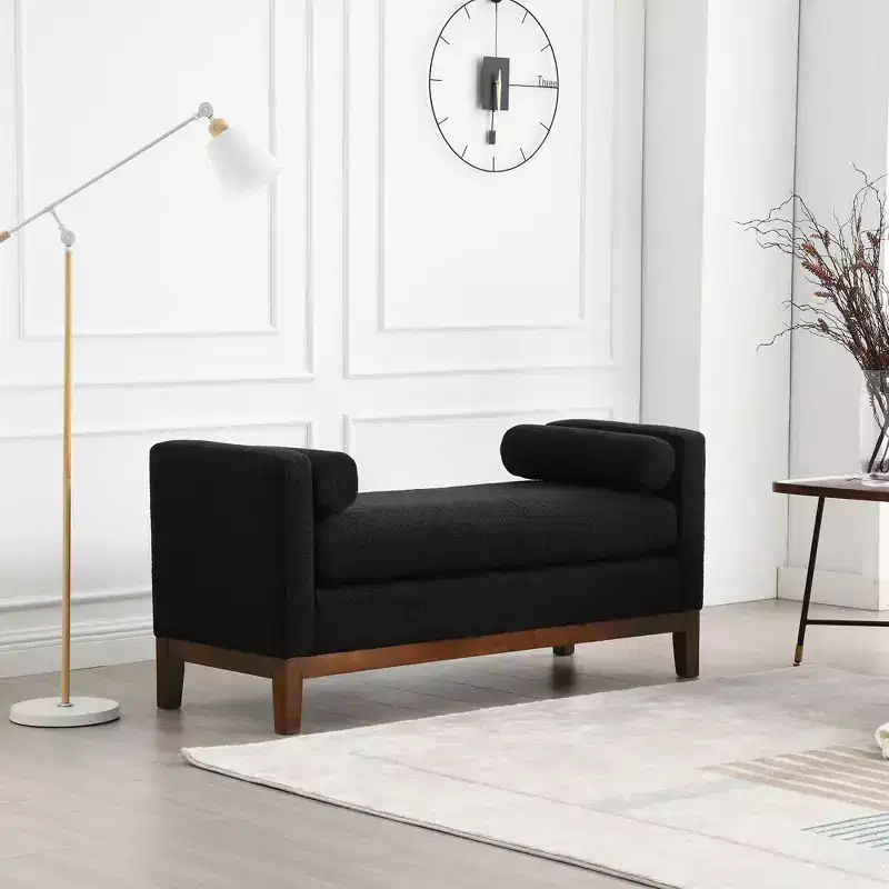 Boucle Upholstered Bench, Ottoman Bench with Wood Legs & Bolster Pillows For End Of Bed, Bedroom, Living Room, Entryway