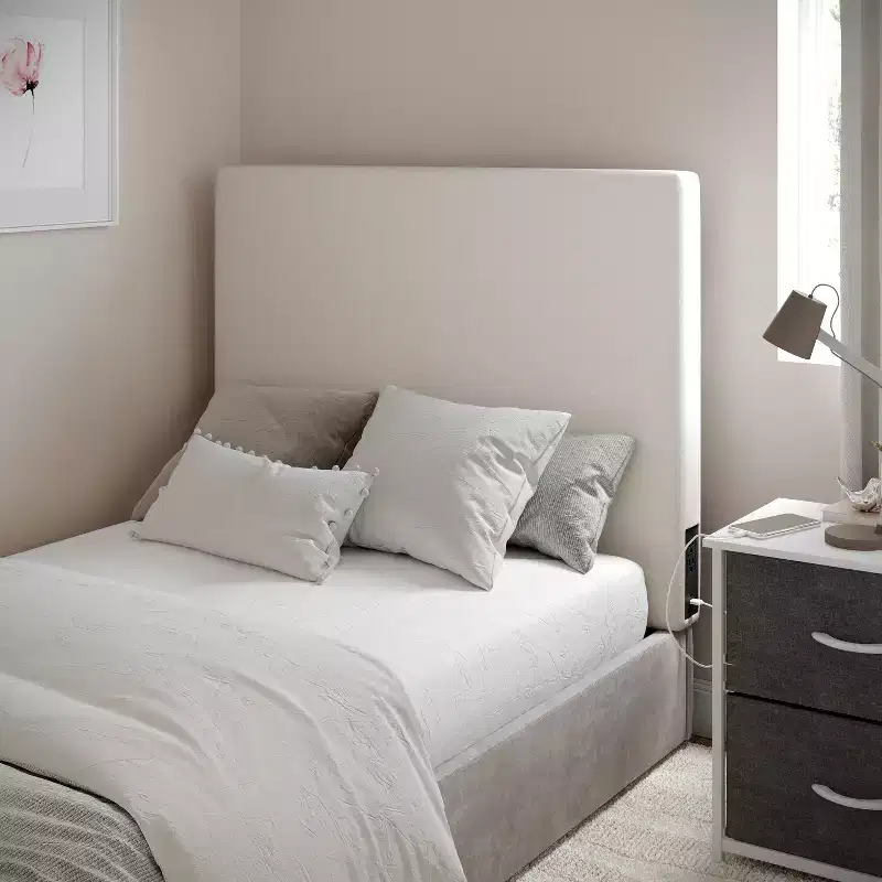 Flash Furniture Hugo Headboard with 2 Power Outlets, 1 USB and 1 USB Type-C Port with Faux Linen Upholstery and Dual Hanging Options
