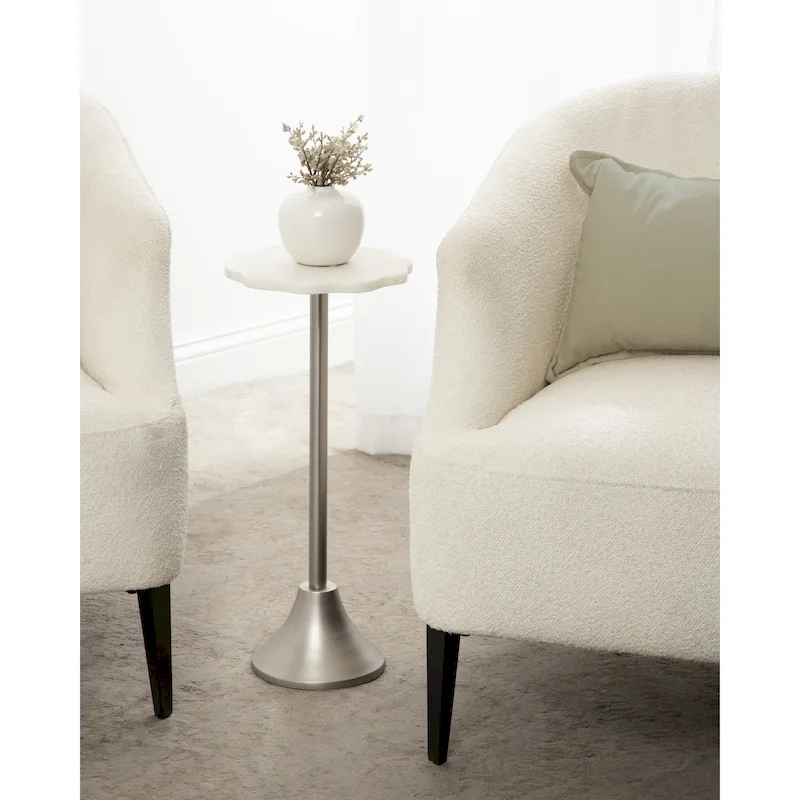 Scalloped Marble & Metal Drink Side Table, Modern Glam Accent Table