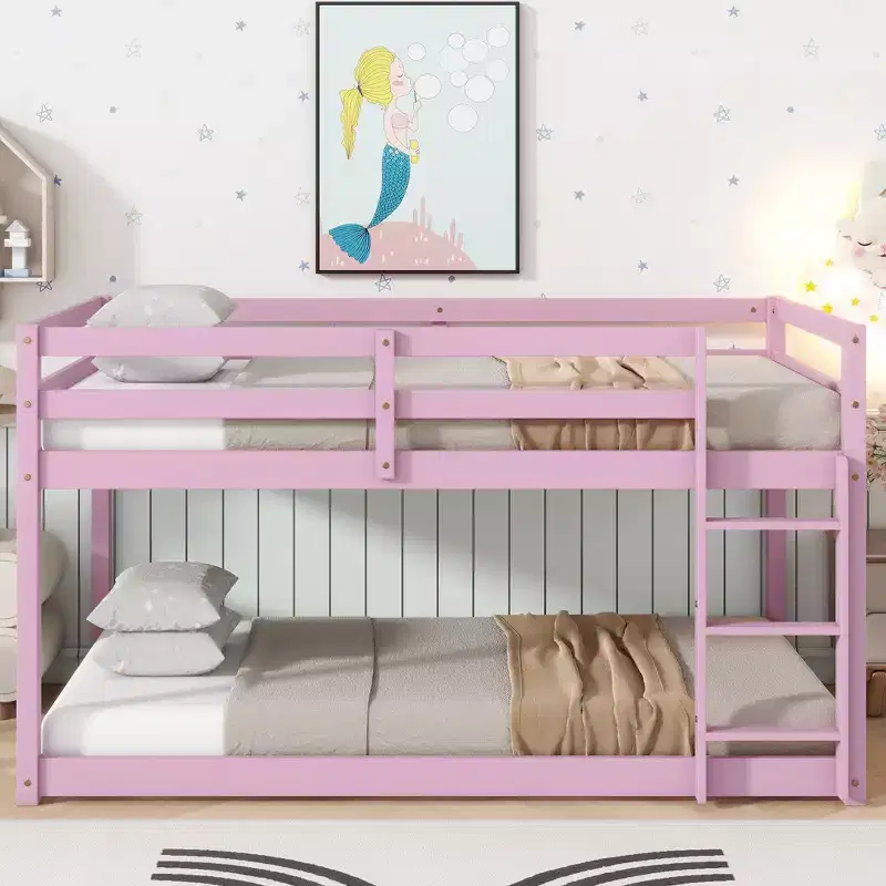Solid Wooden, Twin Floor Bunk Bed wit Ladder, Upper and Bottom Bed Platforms Crafted with Stregthened Slats Pink