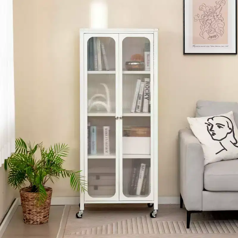 Costway Storage Cabinet with Wheels & 2 Translucent Doors Adjustable Shelves Sideboard 24 x 14.5 x 58