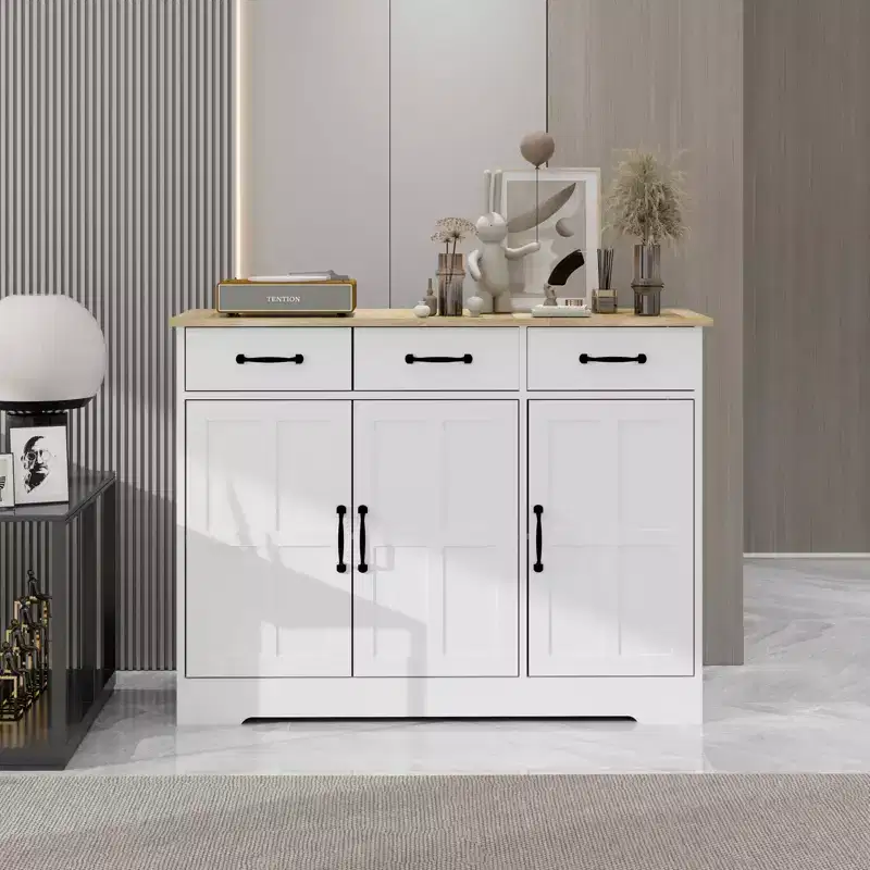 MAYEERTY White Farmhouse Buffet Cabinet, 3 Drawers 3 Doors Storage Sideboard for Dining Room
