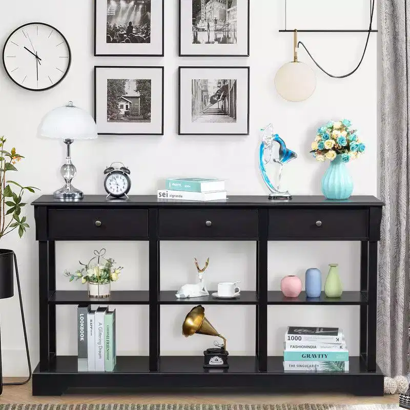 Black Console Entrance Table, 3 Drawers & 6 Compartments, Curved Base, 58