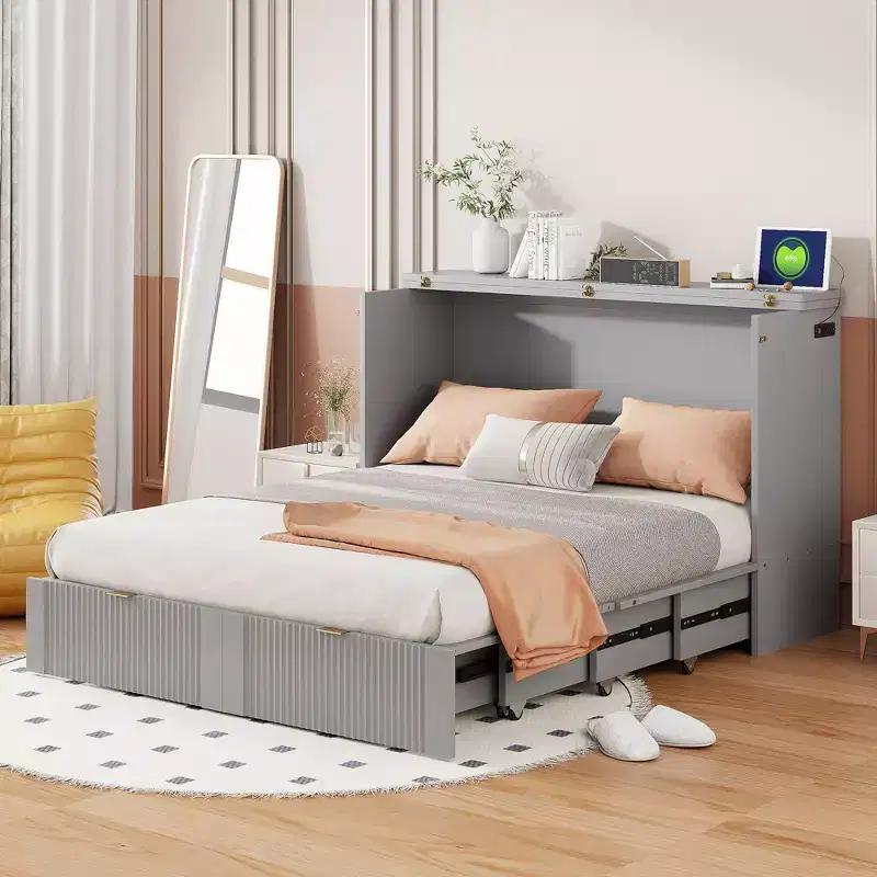 Full/Queen Size Murphy Bed with Drawer, Sockets & USB Ports, Wall Bed Foldable Cabinet Bed - ModernLuxe