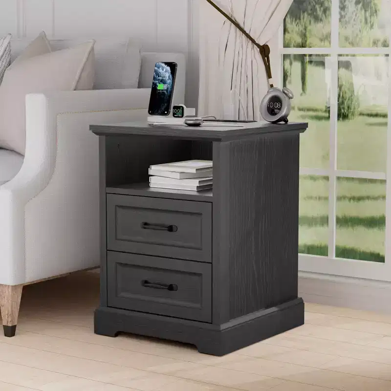 Modern Rustic Nightstand with Charging Station and 2 Drawers
