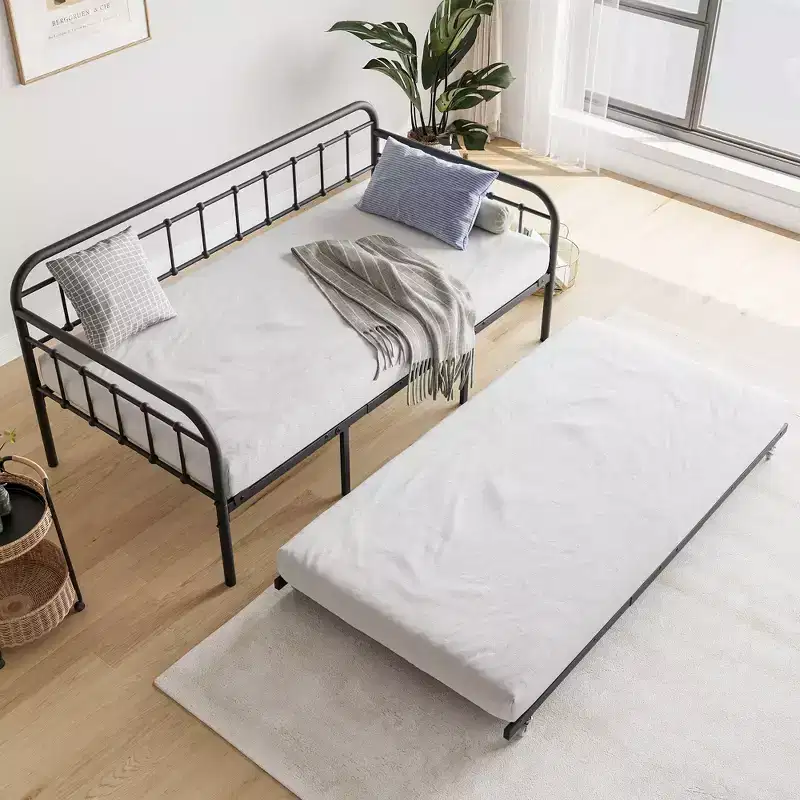 MAYEERTY Twin Size Metal Daybed Frame with Trundle, Heavy Duty Sofa Bed Platform, No Box Spring Needed, Black