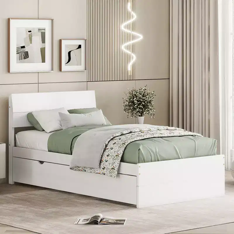 Twin Size Solid Wood Platform Bed with Trundle and Headboard, Wooden Slats Support, No Box Spring Needed, Easy Assembly, for Dorm, Bedroom