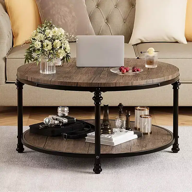 Round Coffee Table with Storage Rack & Metal Legs