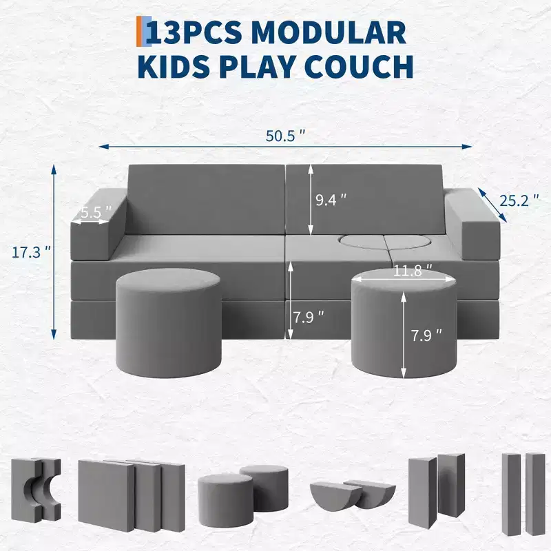 GustoWave Kids Modular Play Couch With Washable Velvet Covers, 13 Pcs Building Fort Toddler Sofa, Convertible Foam Floor Chair