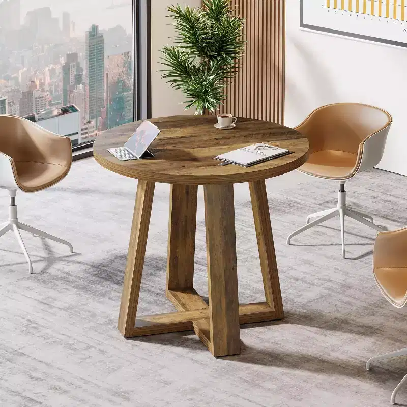 31.5-Inch Round Conference Table for 2-4 People, Small Wooden Office Meeting Desk with Sturdy Base for Small Spaces, Farmhouse Rustic