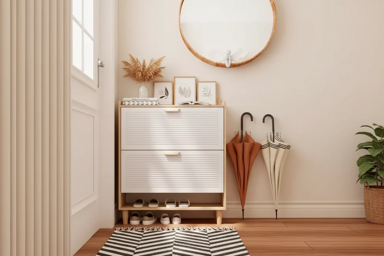 White 2-Door Flip-Up Shoe Cabinet with Wood Legs, Nordic Style