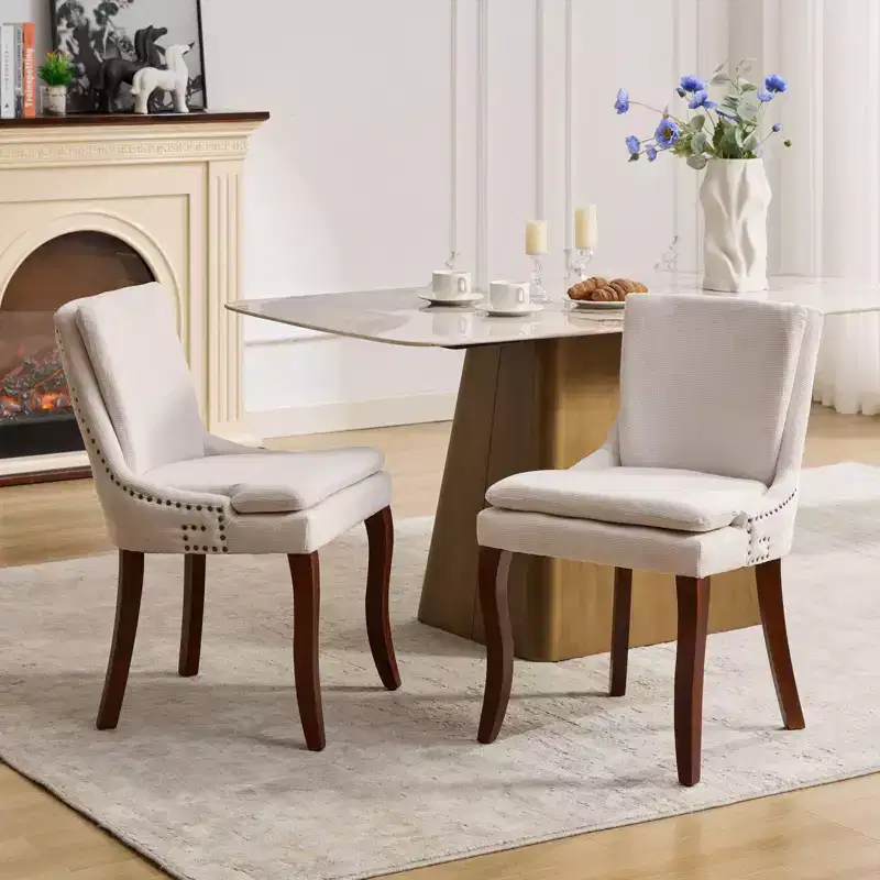 MAYEERTY Modern Dining Chairs - Double-Layer Chenille Cushion, Curved Solid Wood Legs, Mid-Back,, Set of 2