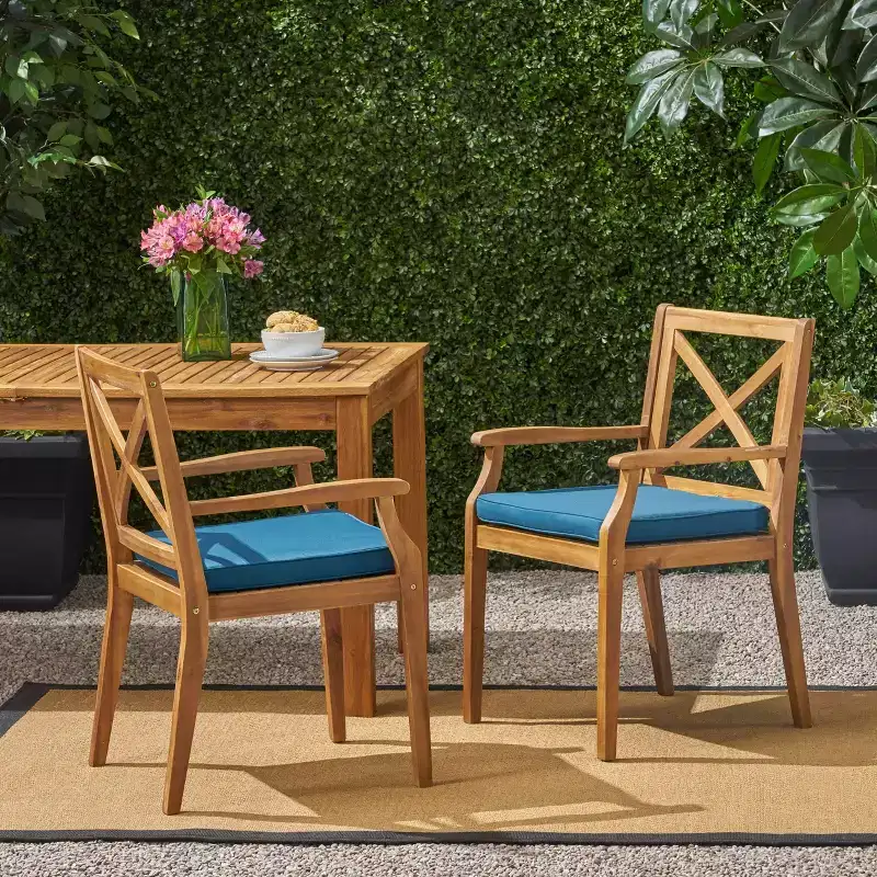 MAYEERTY Set of 2 Outdoor Dining Chairs With 2 Blue Cushions for Backyard Poolside Garden