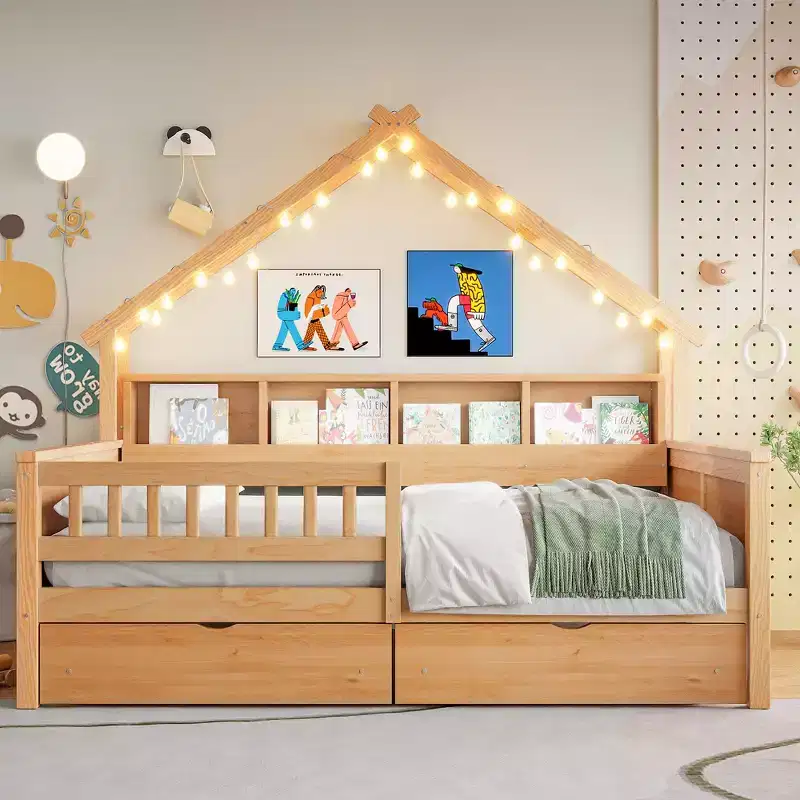 Whisen Wood Full Size House Platform Beds with LED