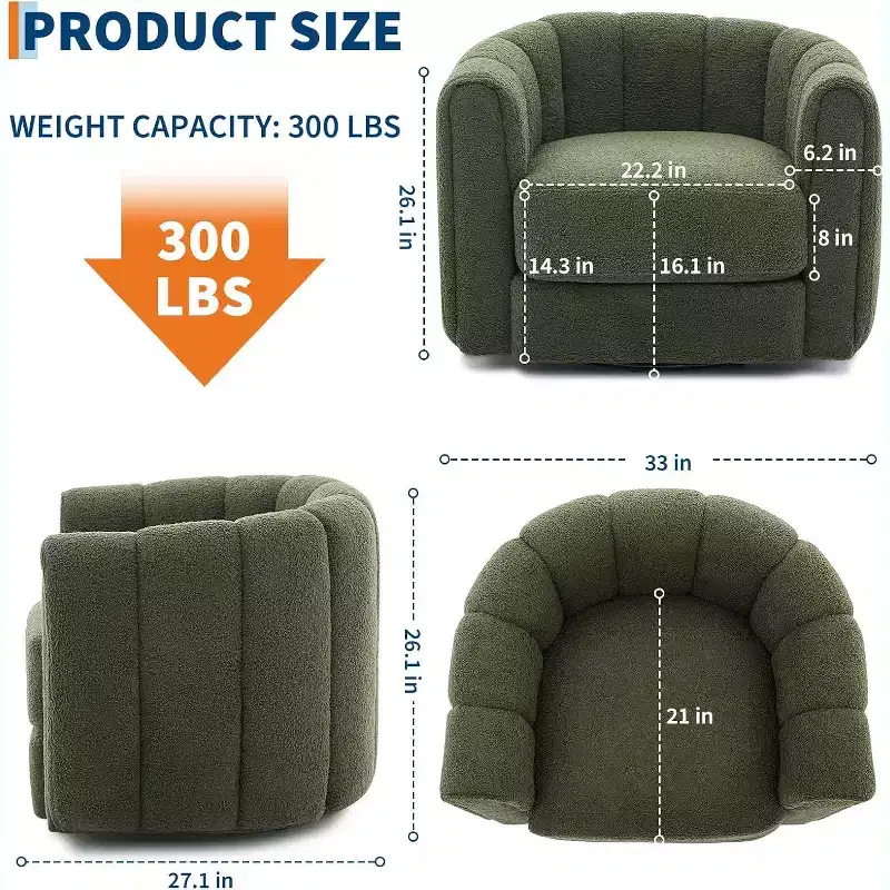 Modern Soft Swivel Lounge Chair,360 Degree Rotating Barrel Accent Armchair,Striped Backrest,Soft Padding,Upholstered Stuffed Smooth for Living Room