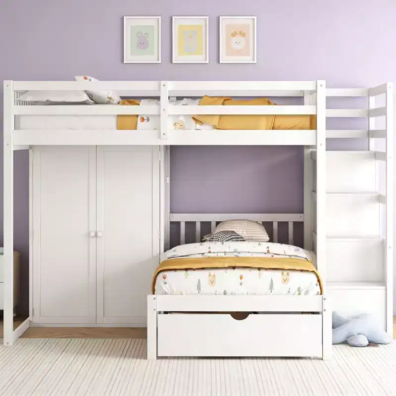 Modern Full Over Twin Bunk Bed with Wardrobe and 5 Drawers
